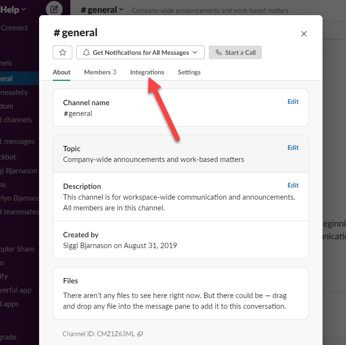 screenshot of slack #general channel details with integration tab pointed out