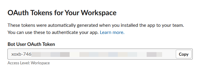 screenshot of slack api app oauth token