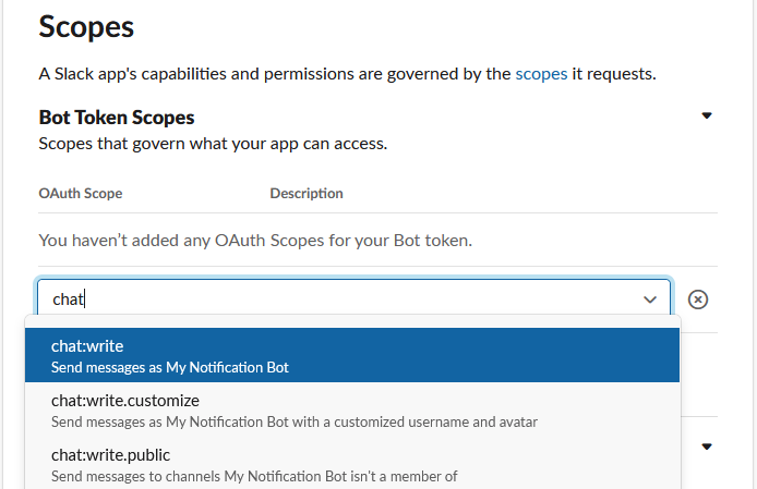 screenshot of slack api app scope screen, step 2