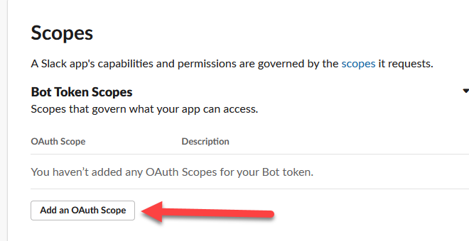 screenshot of slack api app scope screen, step 1