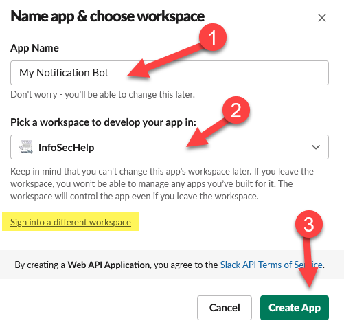 screenshot of slack api app creation wizard, step 2