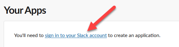 screenshot of slack api web site focused on the sign in link