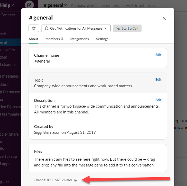 screenshot of slack #general channel details with channel ID