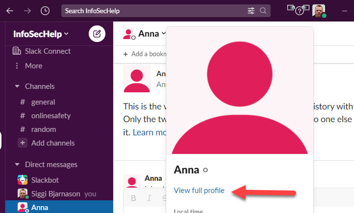 screenshot of slack with users profile summary